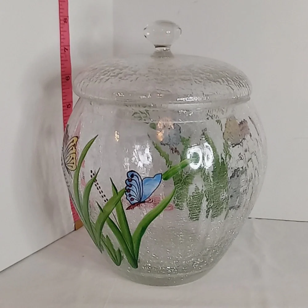Vintage Clear Crackle Glass Cookie Jar With Hand Painted Butterflies Bugs Scene